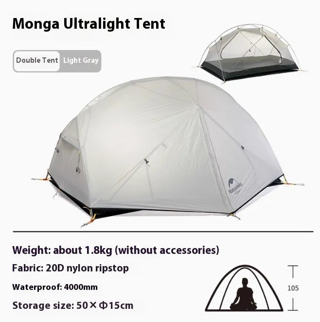 Ultralight 20D nylon plaid double-layer two-person camping tent with aluminium alloy poles in grey or purple
