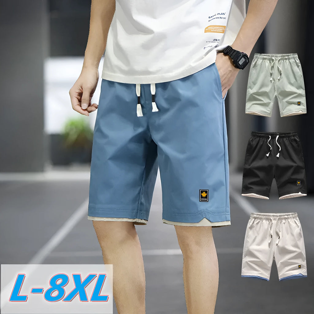 Korean style loose straight-leg casual shorts on a hanger in a khaki colour.