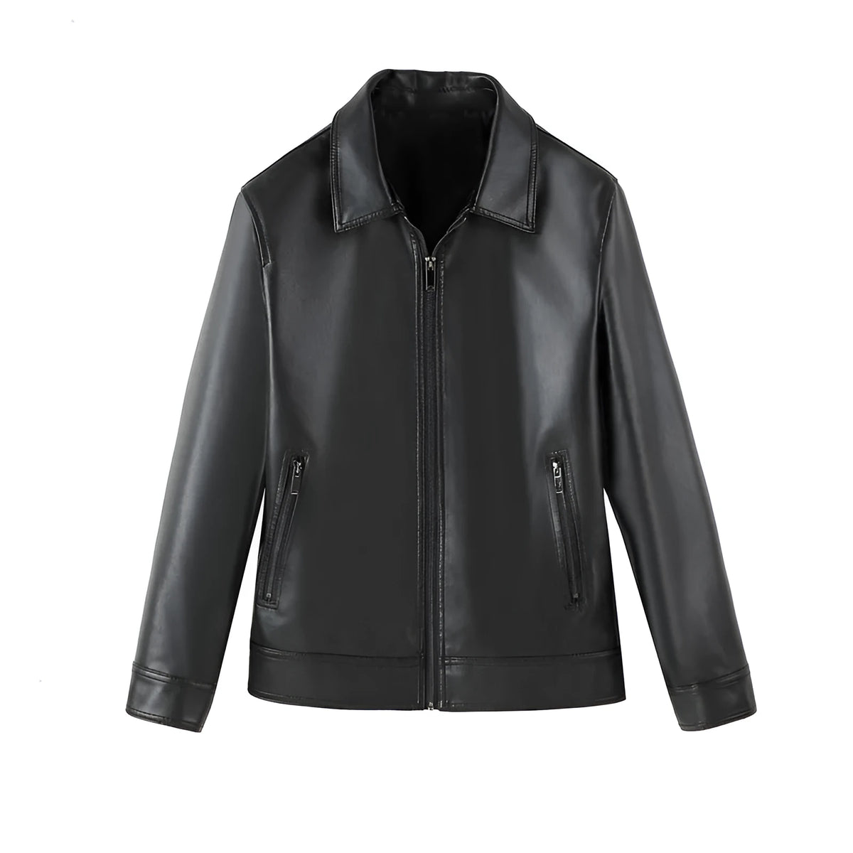 Black men's PU leather casual jacket with zipper pockets and loose fit