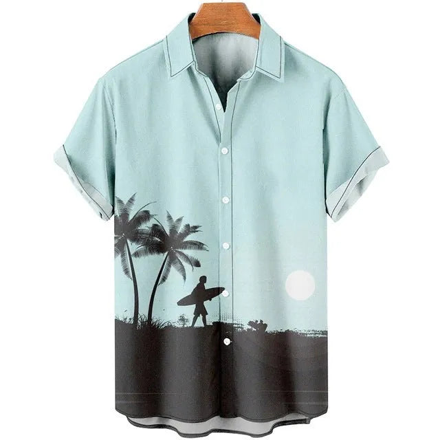 Men's slim-fit short sleeve shirt with a colourful 3D printed floral pattern on blue polyester fabric.