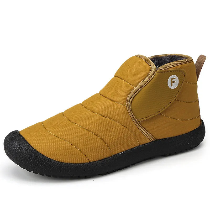 Men's cotton snow boots in black with a non-slip rubber sole and plush lining.