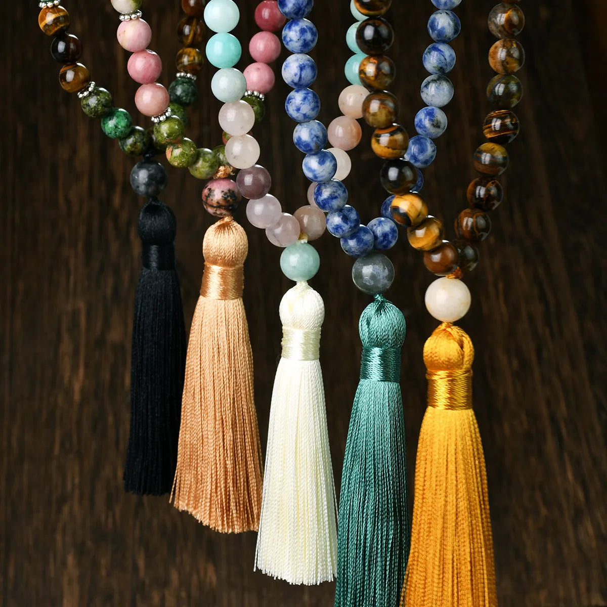 108 natural stone tassel necklace with gemstone pendant on long bead chain