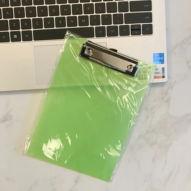 Clear plastic A4 plate holder with metal clip holding documents, available in multiple colours including blue, green, red and white.