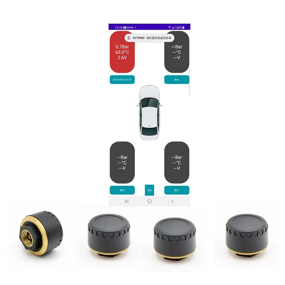 Four black wireless tyre pressure monitors with Bluetooth connectivity for car tyre pressure monitoring via mobile app
