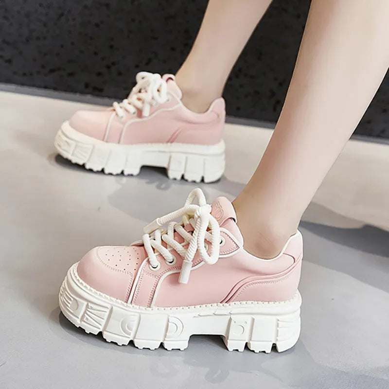 Women's beige and pink leather casual shoes with muffin bottom height increase design