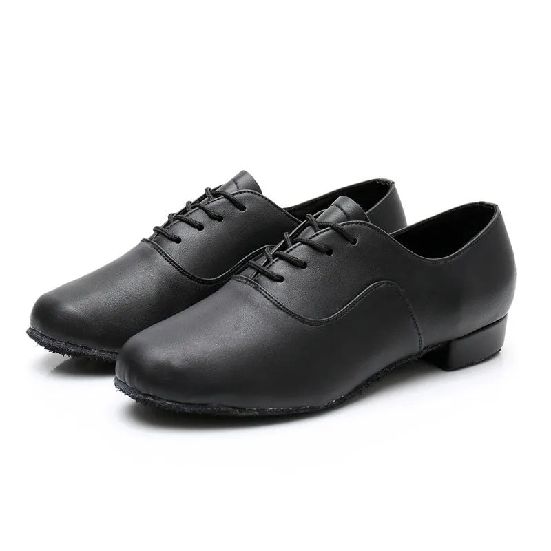 Men's black polished leather dancing shoes with calf leather soles for indoor Latin and ballroom practice
