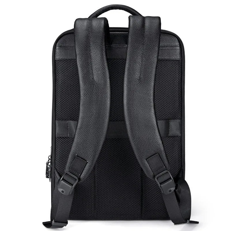 Black leather men's business computer backpack with curved shoulder straps and below 20L capacity