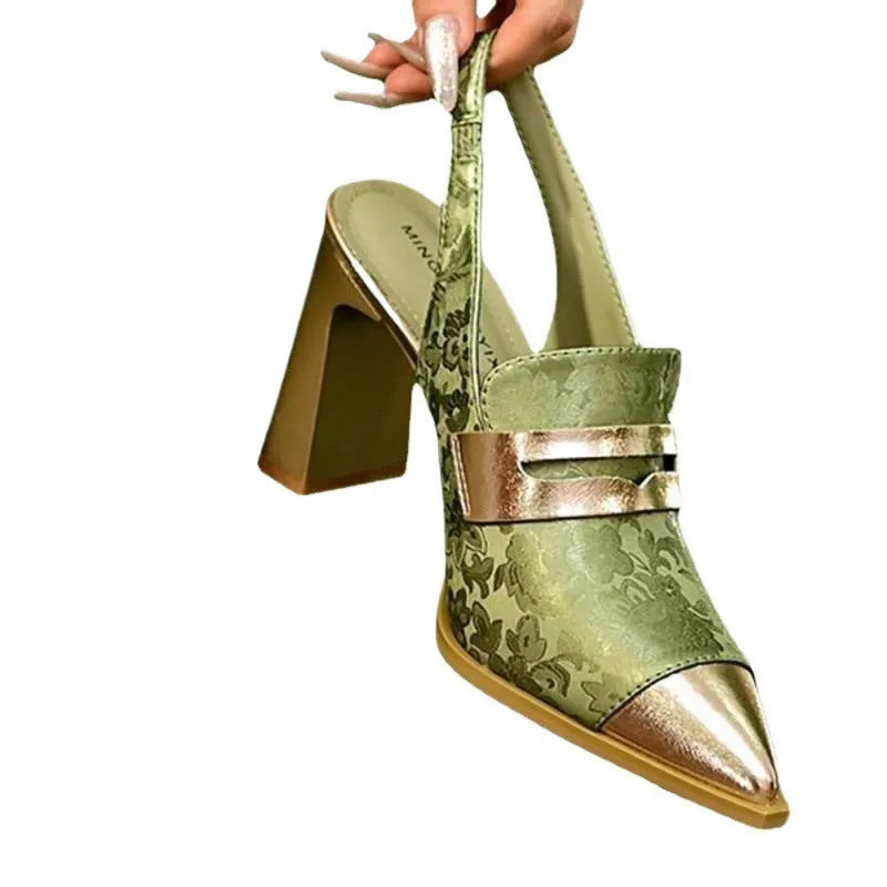 Women's black chunky heel pointed-toe sandals with a high-cut ankle strap.