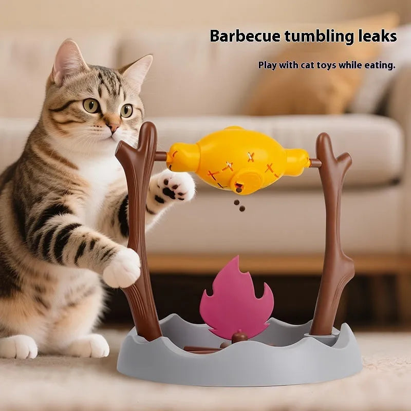 Barbecue grill style tumbling cat feeder toy with food dispensing mechanism 30cm dimensions