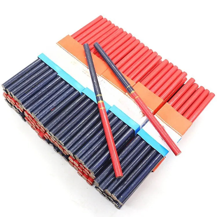 Ten red and blue two-colour round carpenter pencils for woodworking and construction marking