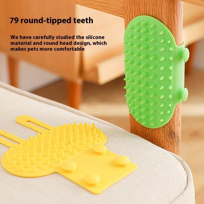 Silicone cat grooming comb with adjustable strap attached to table leg for hair removal and scratching relief