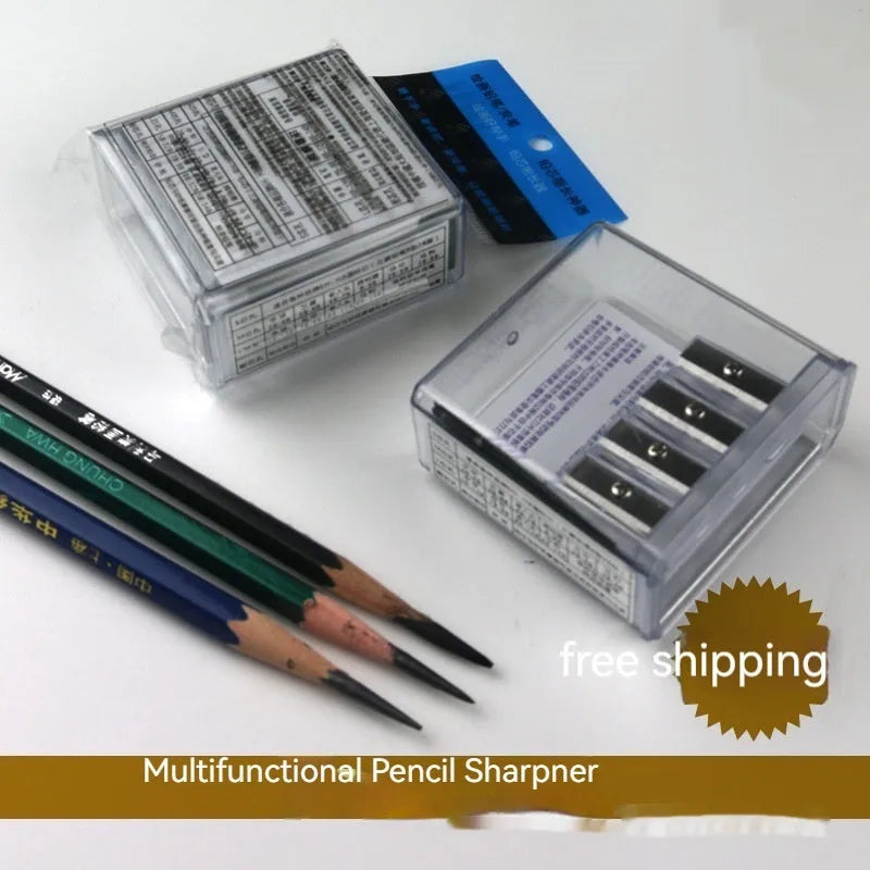 A geometric plastic pencil sharpener with four holes, shown with its integrated screwdriver tool.