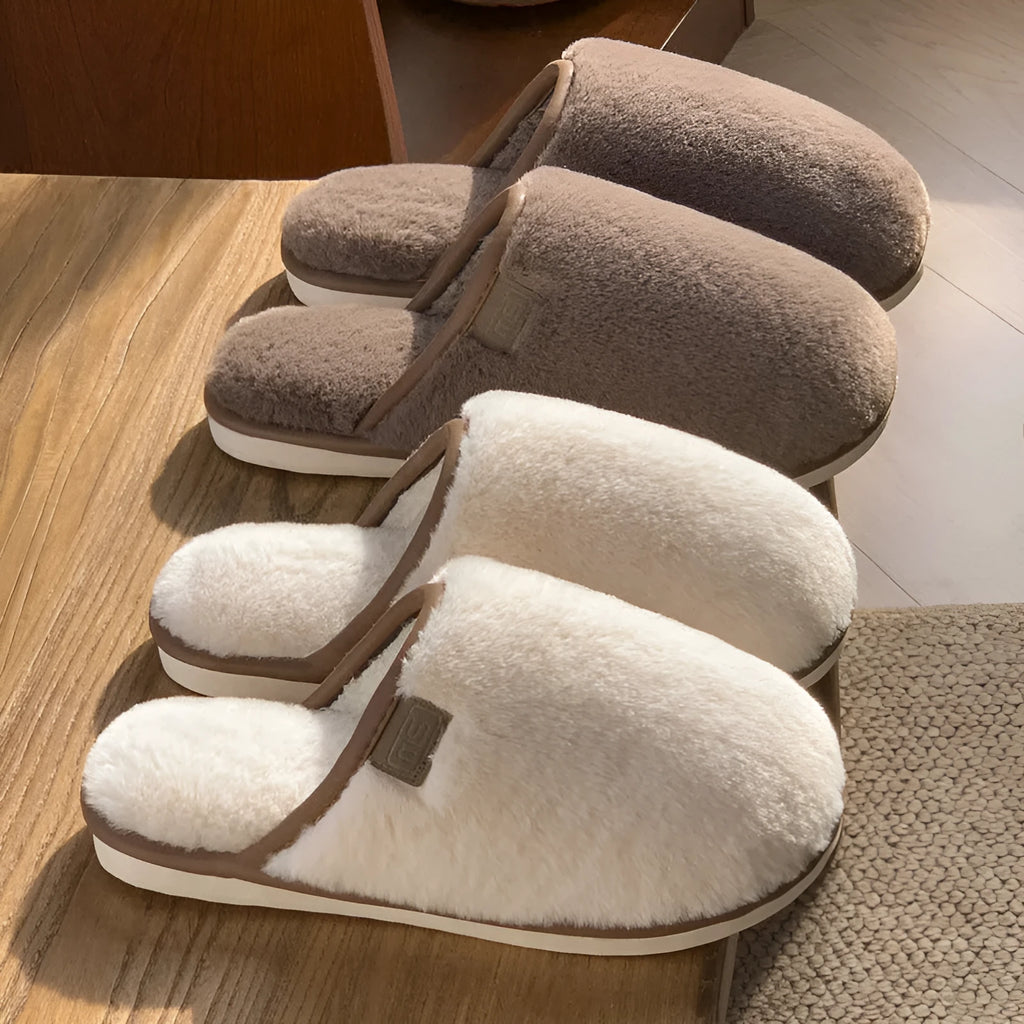 PVC winter plush slippers in solid colours with non-slip soles and car stitching detail