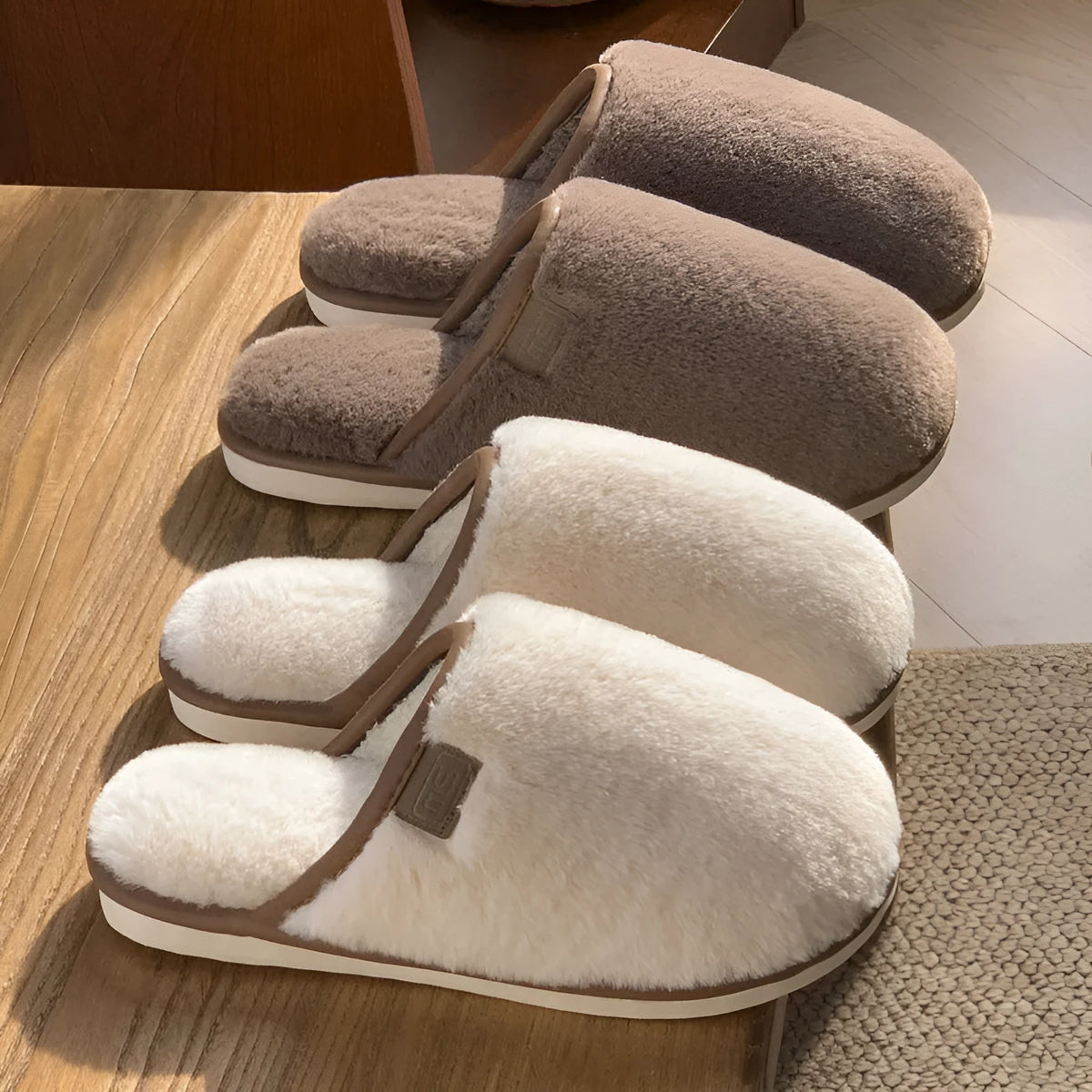 PVC winter plush slippers in solid colours with non-slip soles and car stitching detail