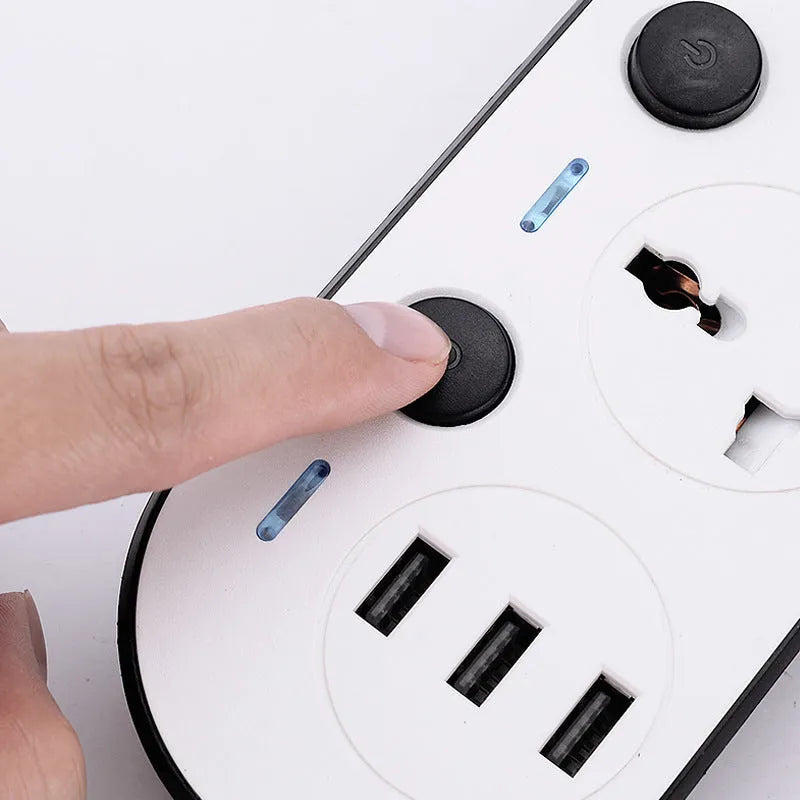 Multi-switch international power strip socket with choice of AU, EU, UK, US plugs and cable lengths.