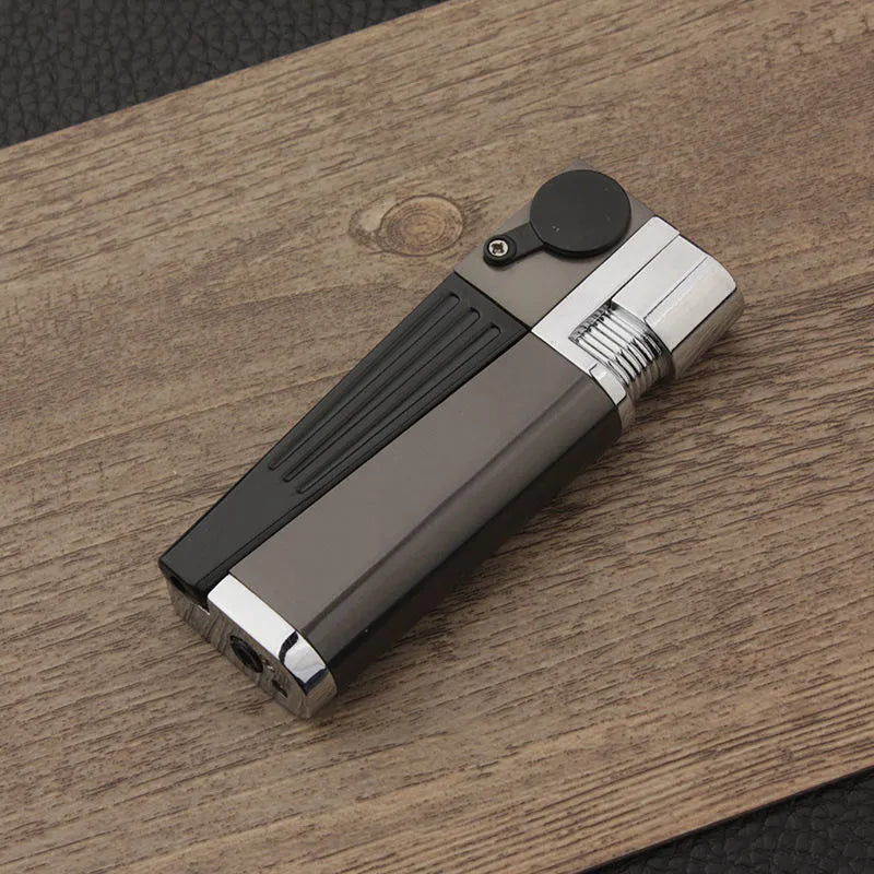Metal folding pipe lighter with stash compartment in silver finish, showing open and closed positions