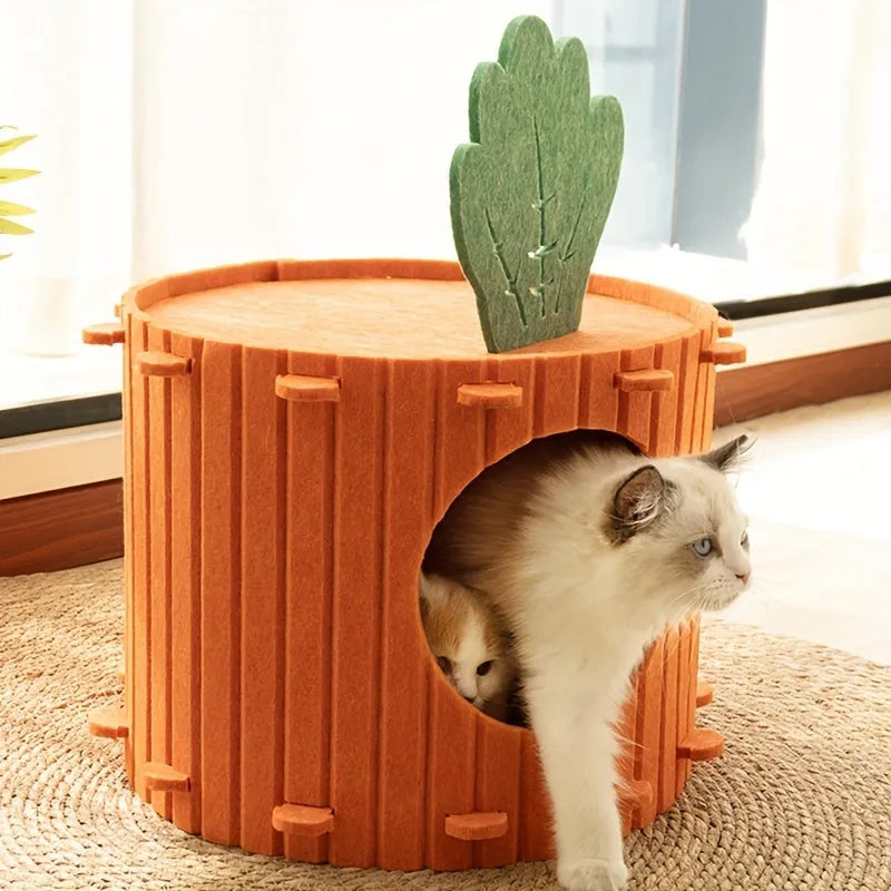 Brown carrot-shaped felt cat tunnel bed showing semi-enclosed design for feline sleeping