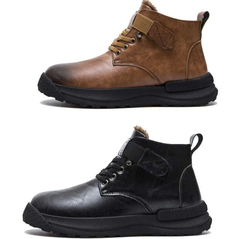 Men's black high-top platform Martin boots with rubber sole and velvet trim on a white background.