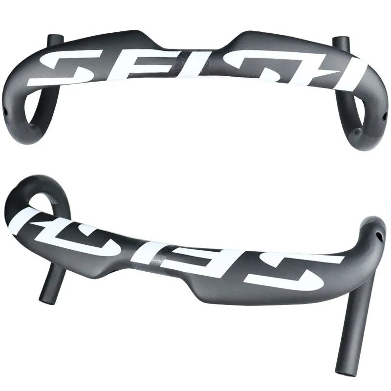 Carbon fibre road bike drop handlebar showing bent shape, available in black and white finishes with size options.