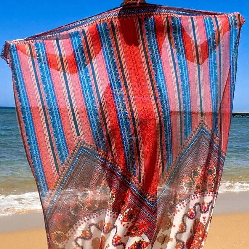 Women's three-piece swimsuit set showing high-waist briefs, cutout blouse, and matching coat