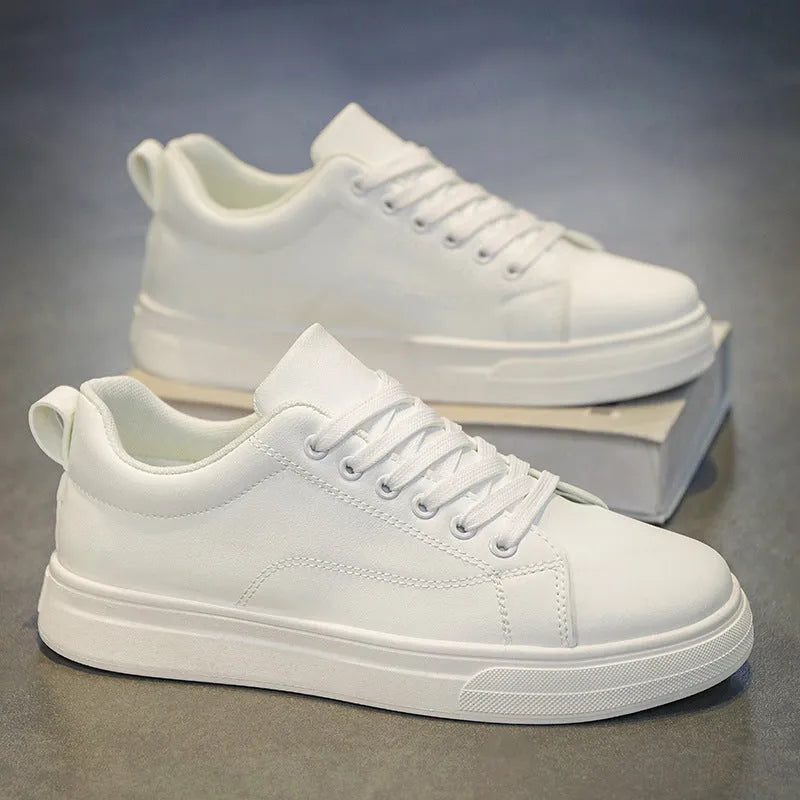 Men's Korean-style breathable sneakers with rubber sole in all black, all white, and black with white bottom options
