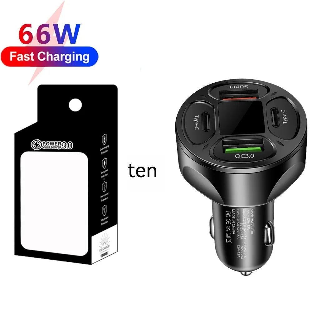 66W black digital display car charger with two USB ports and two Type-C ports.
