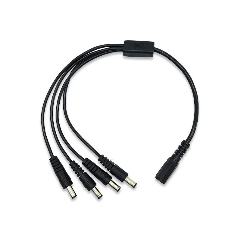 Black DC 1-to-4 monitoring power cord with 5.5mm connectors for CCTV security systems