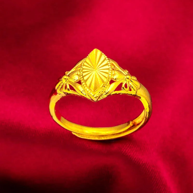Gold-colour open geometric diamond flower ring for girls with textured surface.
