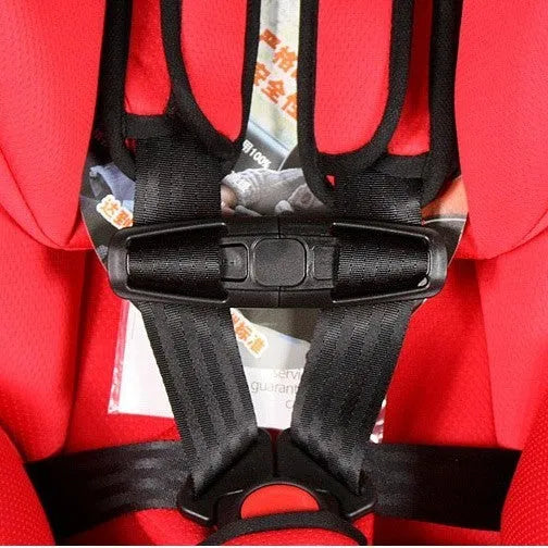 Black PA66 nylon child safety seat buckle clip for 5-point harness systems measuring 14.5cm by 4cm