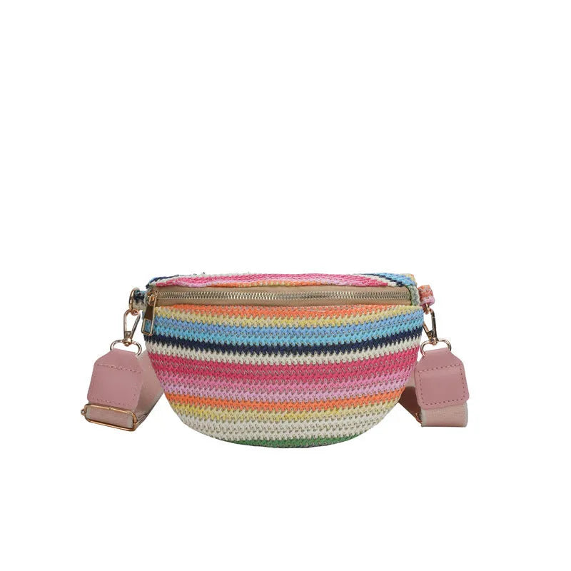 Woven straw women's beach bag with single strap and zipper compartment in pink or blue