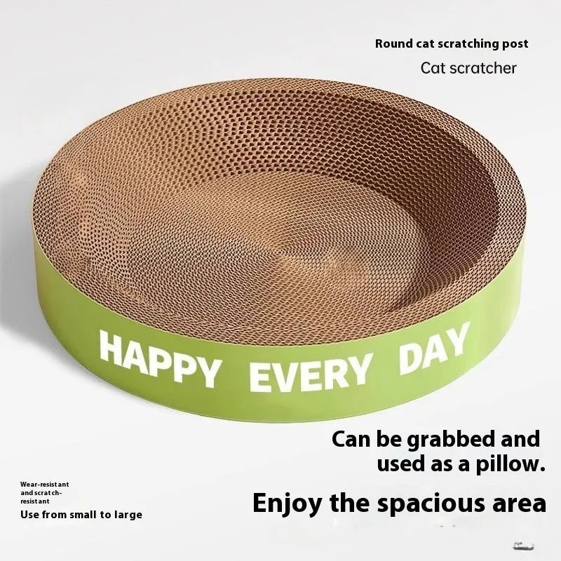 Green round cat scratching board nest with corrugated surface measuring 50cm diameter