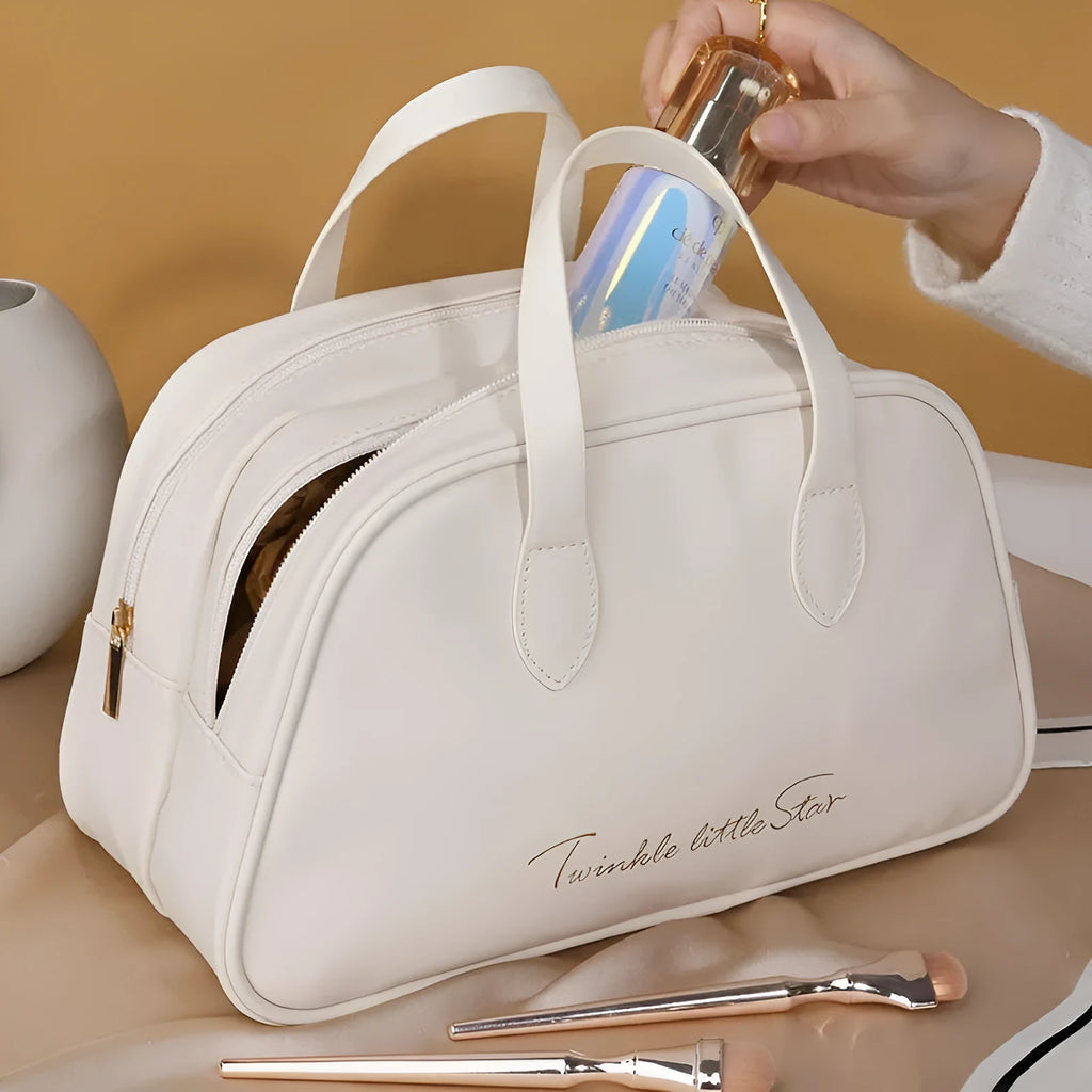 Leather large capacity travel toiletry bag in caramel mocha colour with waterproof pu construction