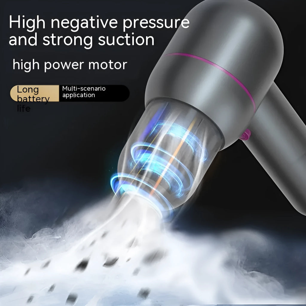 Gray handheld car vacuum cleaner with dust bin and multiple nozzles