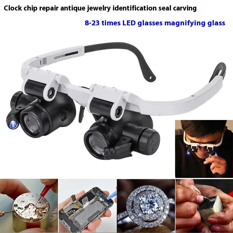 White head-mounted magnifying glass with 30mm lenses, shown both unfolded for use and folded for storage
