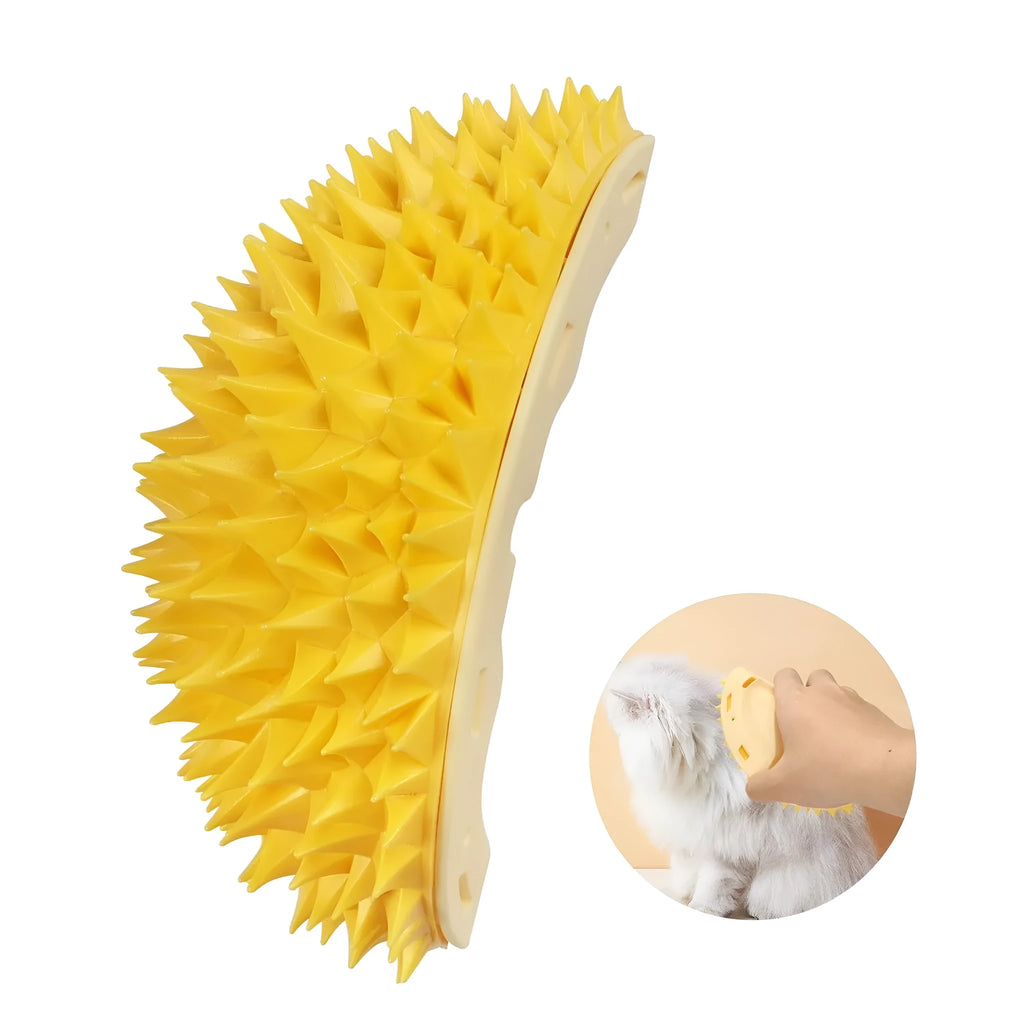 Yellow durian shaped cat corner scratcher with textured massage comb surface