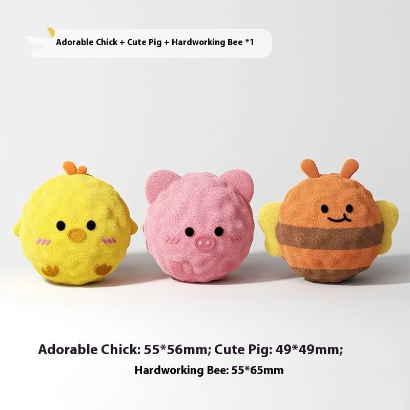 Spherical cartoon dog teeth cleaning toy with sounding feature in chick, bee, and pig styles