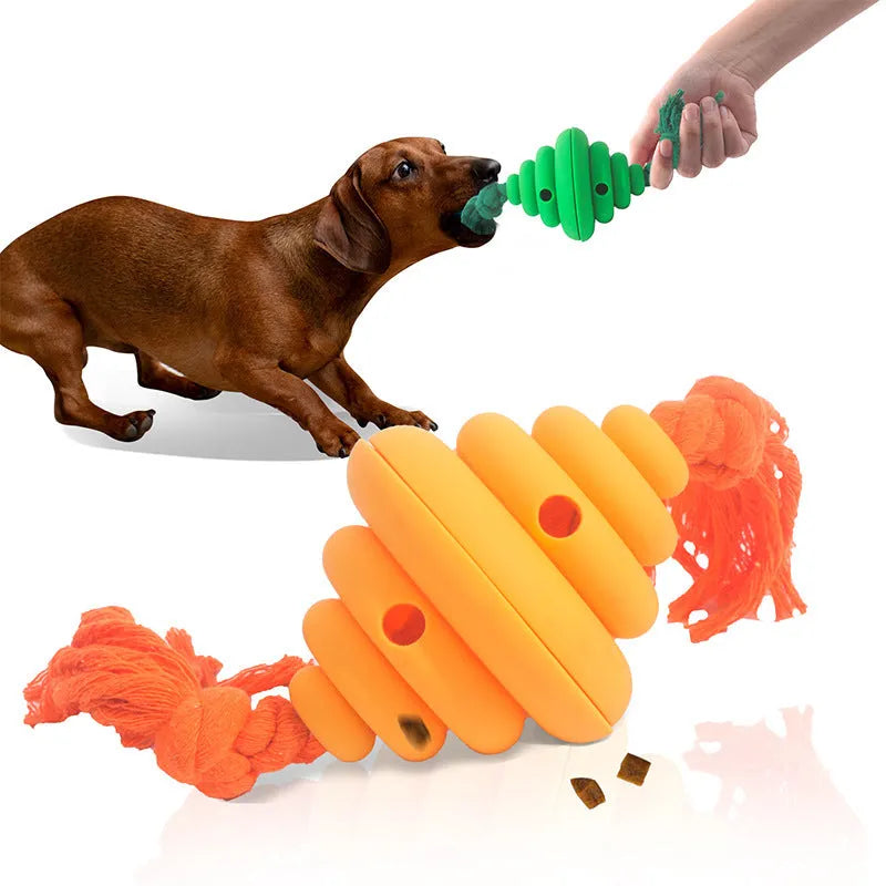 Green and yellow split spiral dog ball with rope attachment for interactive play and treat dispensing