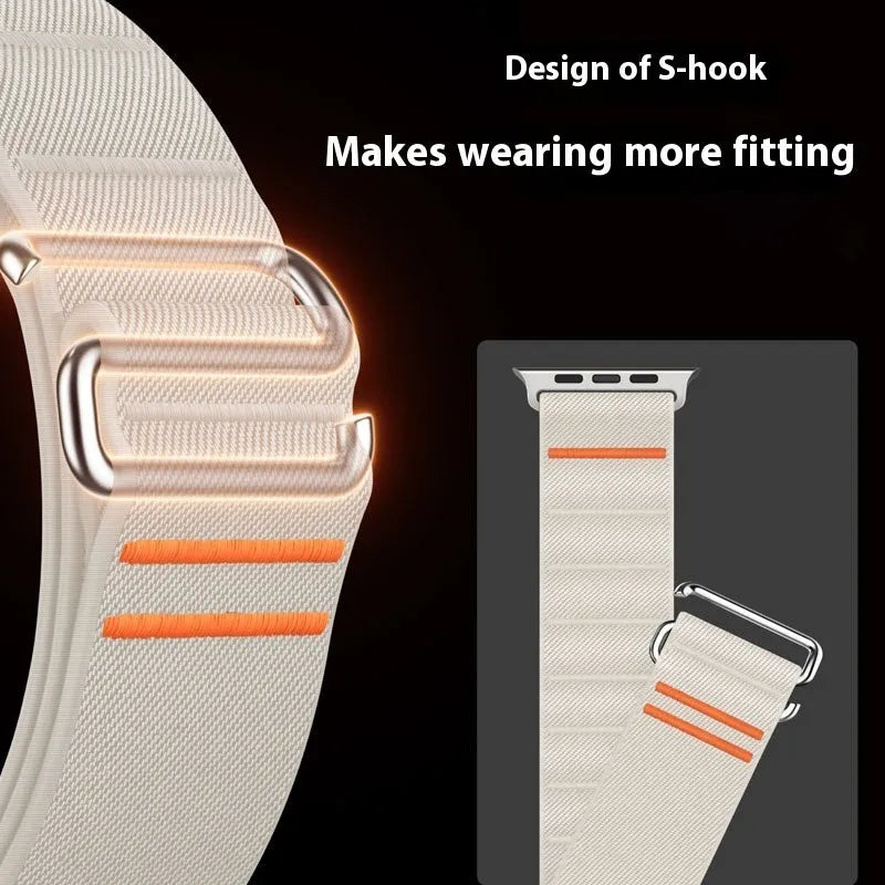 Elastic nylon Apple Watch compatible band with stainless steel buckle in sports style design