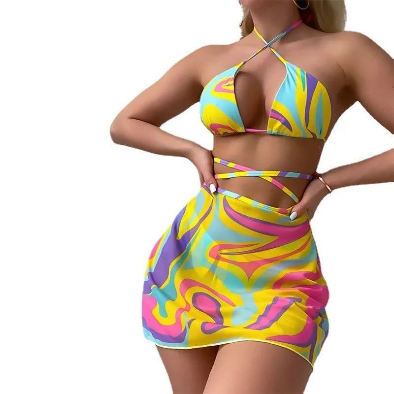 Yellow striped halter neck swimsuit for women with lace-up front and matching skirt