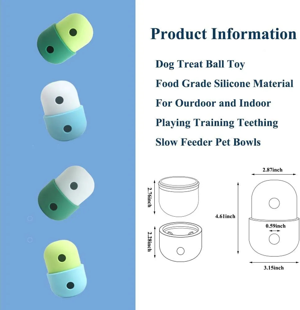 Food-grade silicone dog treat puzzle ball in blue and white, measuring 8x11cm for small medium dogs.