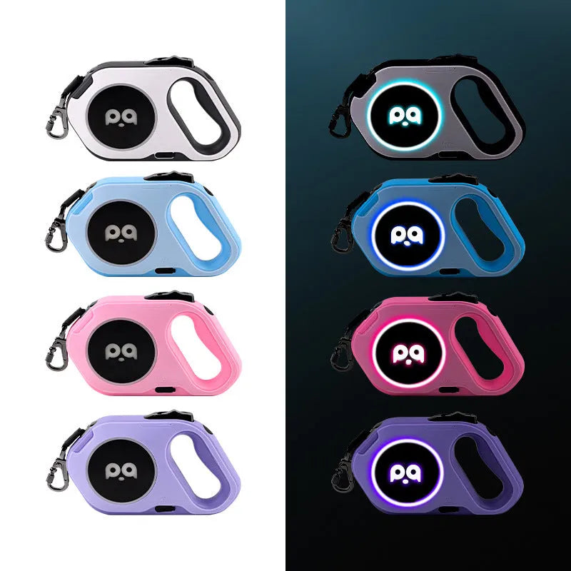 LED retractable dog lead 5 metre USB rechargeable outdoor leash in sky blue, cherry powder, high end purple or black and white