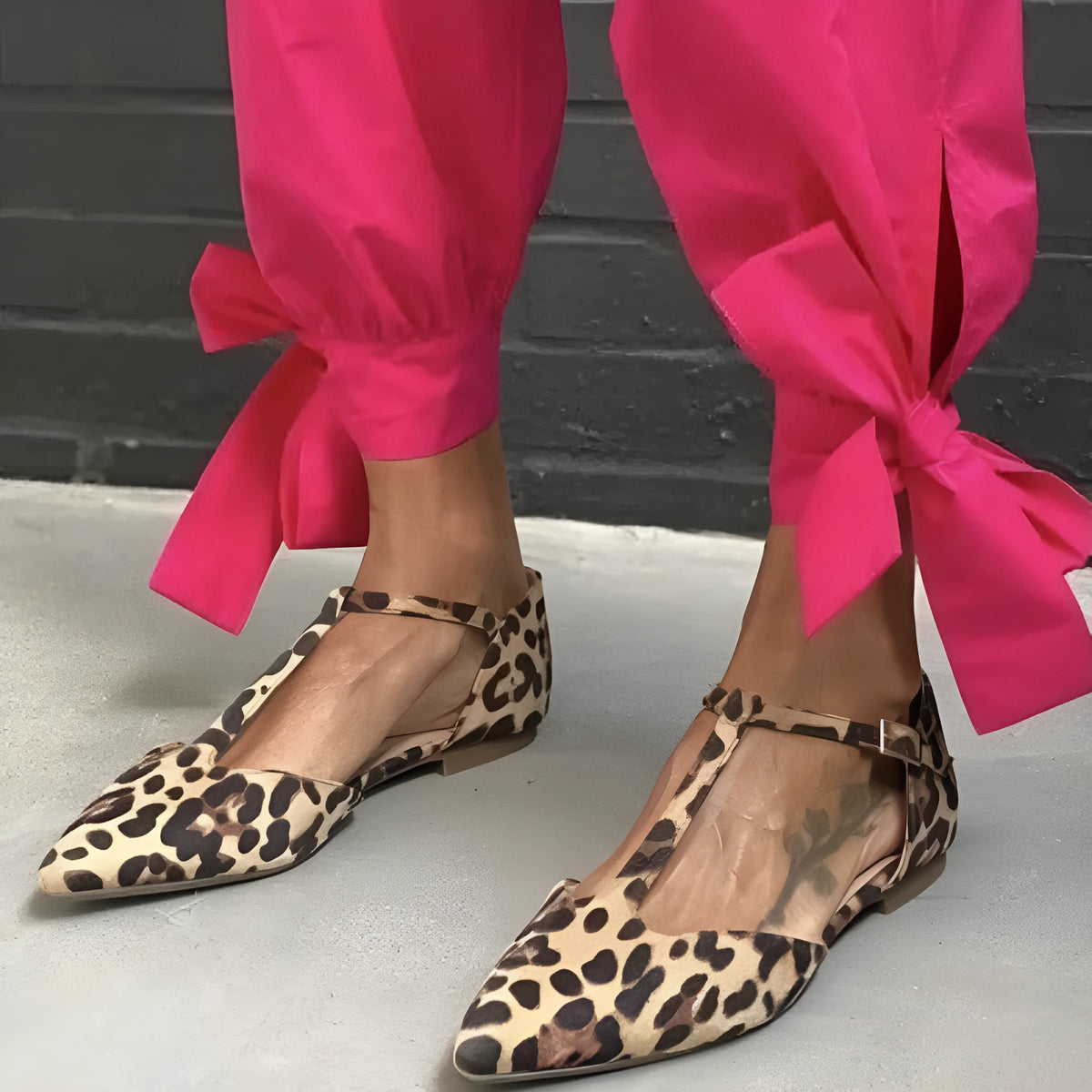Women's leopard print pointed toe pumps with cross shoulder straps and chunky low heel