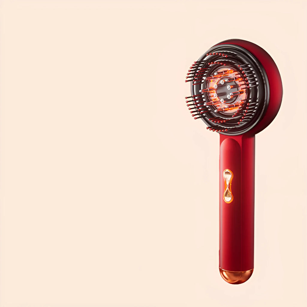 Black and red rechargeable scalp massage comb with red and blue lights, shown with a Type-C charging cable.
