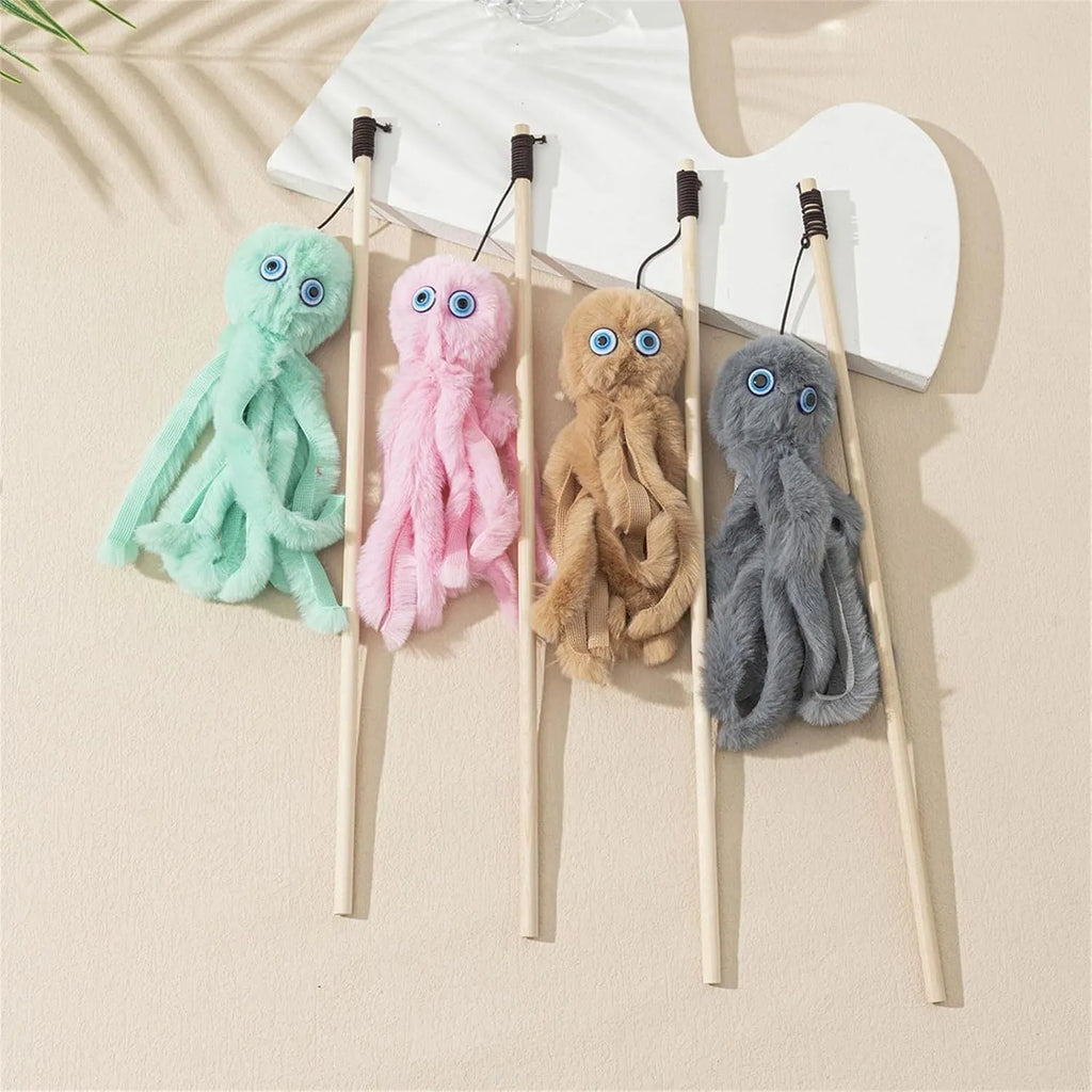 Furry octopus cat toy on 40cm long stick for indoor kitten play in bright colours
