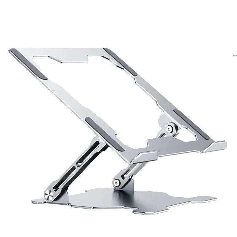 Grey adjustable aluminium laptop stand showing hollow construction and silicone protection pads