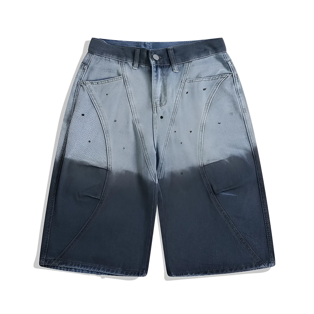 Blue gradient tie-dye loose cropped jeans on a mid-rise model.