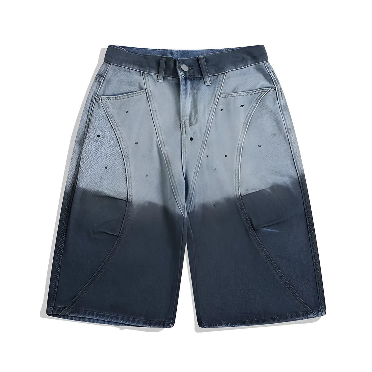 Blue gradient tie-dye loose cropped jeans on a mid-rise model.