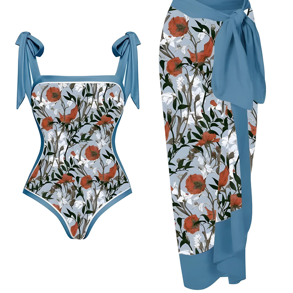 Women's printed floral chiffon two-piece swimsuit with a matching hip skirt.
