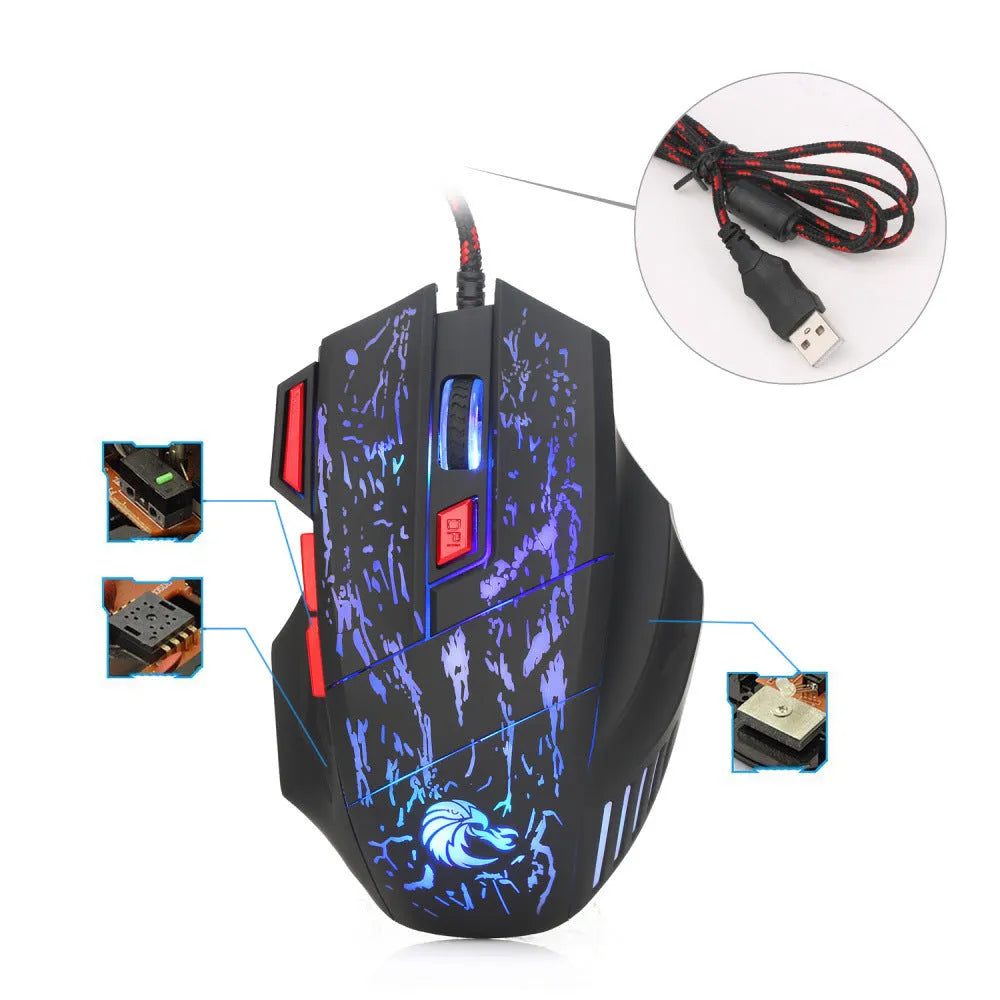 Colourful luminous wired gaming mouse with USB cable and ergonomic design for desktop PCs