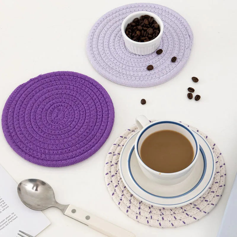 Three round cotton cord coasters in chosen colour with 18cm diameter measurement